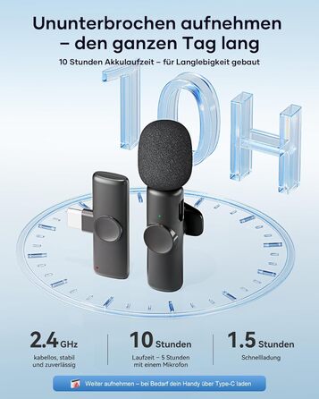 Беспроводной петличный микрофон 2 шт. для iPhone, iPad, Android, YouTube, TikTok, с шумоподавлением, Plug & Play, для видео, подкастов, черный