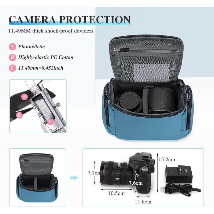 Сумка для камери Baigio: фотосумка для DSLR/SLR з відділеннями для об'єктивів та аксесуарів (блакитна)