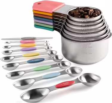 16-Piece Magnetic Stainless Steel Measuring Cup and Set, 7 Robust Cups, 8 Double-Sided with Leveling, Multicolored