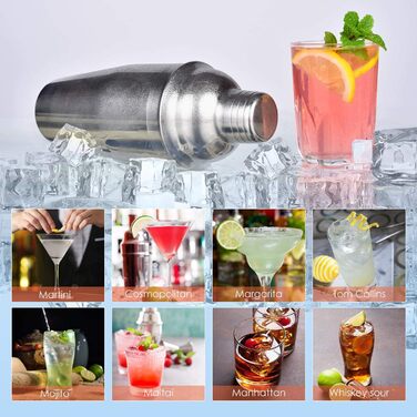 Набір шейкер для коктейлів Esmula 750 мл, 12 предметів, нержавіюча сталь, професійний барменський набір, комплект для приготування мартіні, стильний барний інструмент для дому, з книгою рецептів коктейлів (сріблястий)