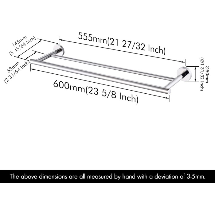 Тримач для рушників KES, подвійний, з нержавіючої сталі SUS304, 60 см, полірований, A2001S60