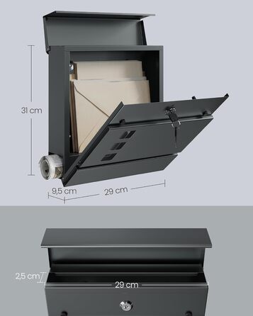 Поштовий ящик SONGMICS XXL з газетницею, антрацит, 37x37x10.5 см, з ключем, захист від реклами, сучасний, для дому та саду