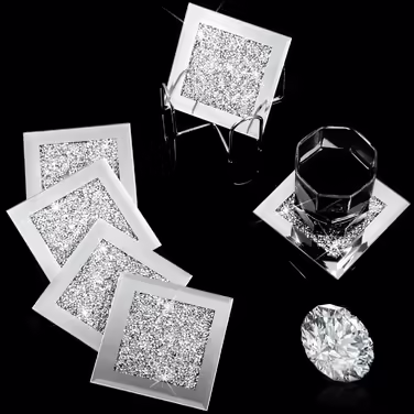 7-Piece Glass Coaster Set, 6 Square Crystal Coasters with Holder for Drinks, Silver, Glitter, Table, Bar Accessories