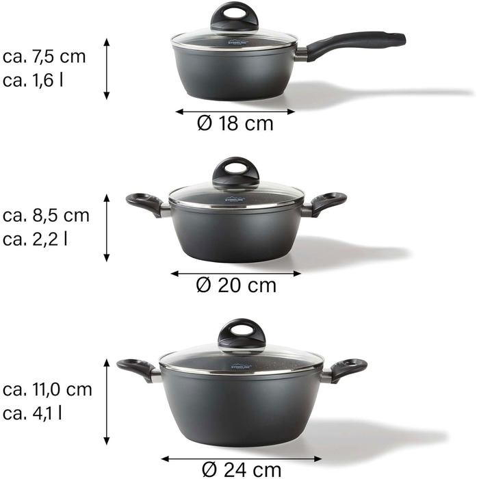 STONELINE Ceramic Cookware Set, 6-Piece, 18/20/24cm Pots with Lids. PFAS-Free, Non-Stick Pot. Suitable for Induction and All Cooktops with Ceramic Coating and Real Stone Particles. Cookware Set, Grey, 6-Piece