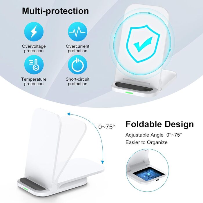 Бездротова зарядка 15W Stand для Samsung Galaxy S25 Ultra, S24 FE, S23, S22, S21, S20, Z Flip6, Google Pixel 9 Pro, 8, 7, 6, iPhone 16, 15, 14 - швидка складна зарядка (білий)