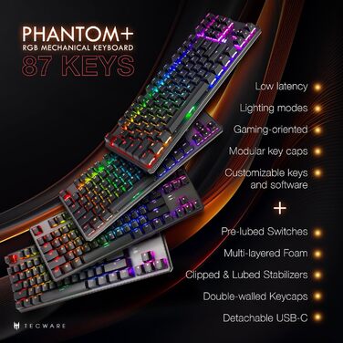 Механічна клавіатура TECWARE Phantom+ 87 клавіш RGB (Чорна) з перемикачами Wraith Red (лінійні, 45g)