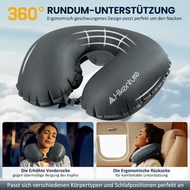 Надувна подушка для шиї HIKENTURE для подорожей літаком, поїздом - ультралегка, сіра