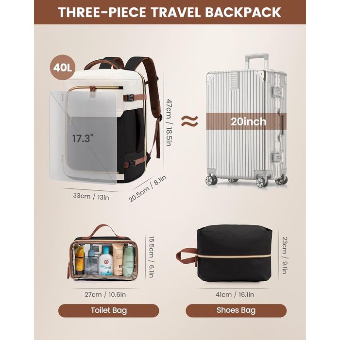 LOVEVOOK Рюкзак для ручної поклажі, жіночий, 50L, для подорожей, бізнесу, школи (40L, чорний+бежевий+коричневий)