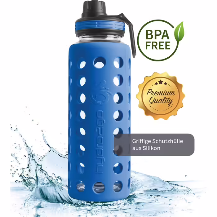 Glass Drinking Bottle with Silicone Sleeve – 100% Leak-Proof, BPA-Free, Dishwasher Safe, 2 Replaceable Lids – Ideal for Office, Fitness, Yoga, Sports & Outdoor (Navy Blue 2.0) – 950 ml