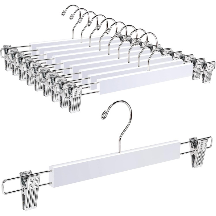 Дерев'яні вішалки для одягу Amber Home (10 шт., 36 см, білі) - міцні, з антиковзними кліпсами та поворотним гачком