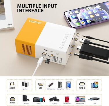 Vamvo Mini Beamer YG300Pro: портативний LED-проектор, Full HD 1080p, Bluetooth 5.4, HDMI/USB, жовто-білий