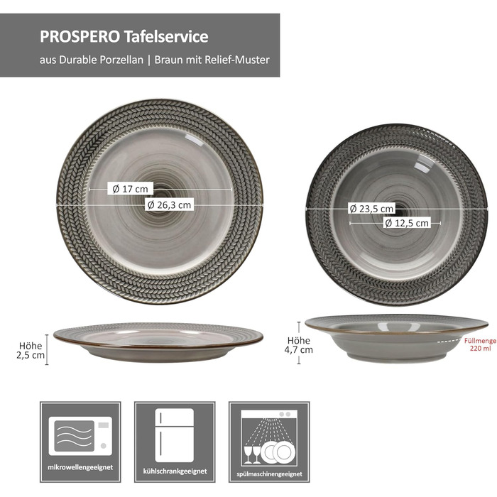 MÄSER Prospero 12-ти елементний сервіз для столу з коричневого фаянсу з рельєфом на 6 осіб. Включає 6 супових та 6 тарілок для їжі. Підходить для сніданку, обіду та вечері.