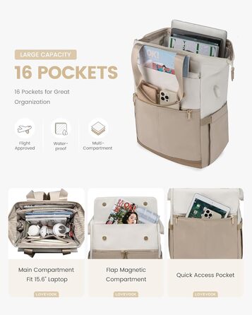 Сумка-рюкзак LOVEVOOK для жінок, водонепроникний рюкзак для ноутбука, шкільна сумка для підлітків, елегантний рюкзак для щодня, 15.6 дюймів, сумка для роботи, сумка для вчителя, рюкзак для подорожей, бежевий та хакі