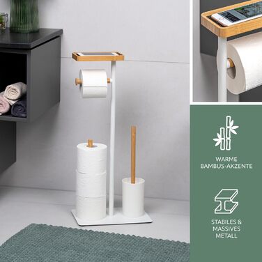 Набір для туалету Eluno 4в1: щітка для унітазу, тримач рулонів, полиця, бамбук/метал (білий)