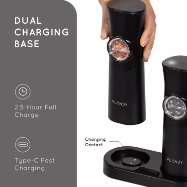 Gravity Electric Salt and Pepper Grinder Set, 2-Piece Set Rechargeable Electric Salt and Pepper Shakers with USB-C Charging Station, Electric Spice Grinder for Dry Spices