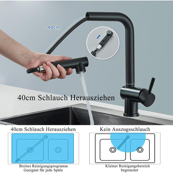 Змішувач кухонний Rozin для мийки, чорний матовий, з висувною лійкою, поворотний 360°, 2 режими, для кухні
