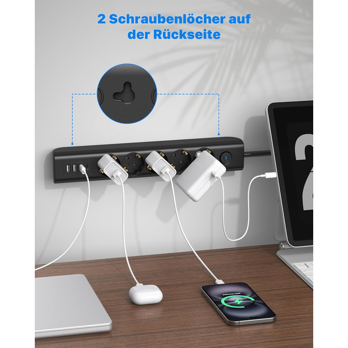 Мережевий фільтр Steckdose 8 в 1 з USB, 3680W, з вимикачем, 16A, 2 USB-C, для смартфонів, ноутбуків, iPad, 1.8M кабель, білий (чорний 5AC)