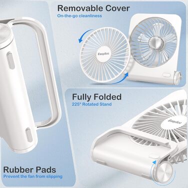 EasyAcc USB вентилятор: мініатюрний, тихий, настільний з гарантією 2 роки. Потужний, з 3 швидкостями, поворот на 360 градусів. Ідеальний для офісу, дому, робочого столу. (Білий, прямокутний, акумулятор 4000mAh)