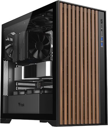 Ігровий корпус Itek Woody Gaming Tower ATX, 3x14см вентилятори, USB 3.0, Type-C, дерев'яна передня панель, загартоване скло, чорний