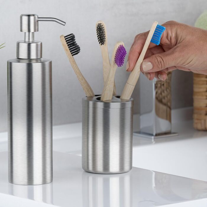 Fackelmann Soap Dispenser & Toothbrush Holder Tecno, liquid soap dispenser made of high-quality stainless steel, holder for 4 toothbrushes, high-quality toothbrush holder (color: matte silver), quantity: 1 x set of 2 (dispenser silver)