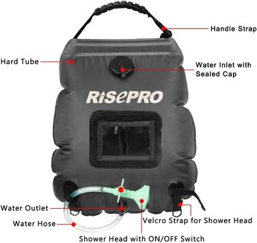 Соняшний душ RISEPRO 20л - портативна сонячна нагрівач для кемпінгу, туризму та відпочинку на природі. Чорний колір.