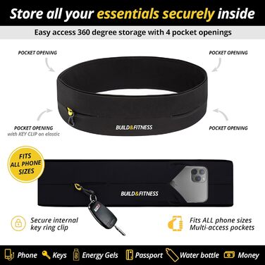 Пояс для бігу з кишенькою для телефону, ключів, чорний - для чоловіків та жінок