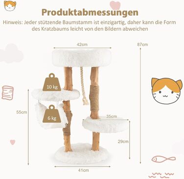 Кігтеточка для котів COSTWAY 87 см з гамаком, джутовим покриттям та м'якими сидіннями, дерев'яний кігтеточний комплекс, білий, 2 стовпчики