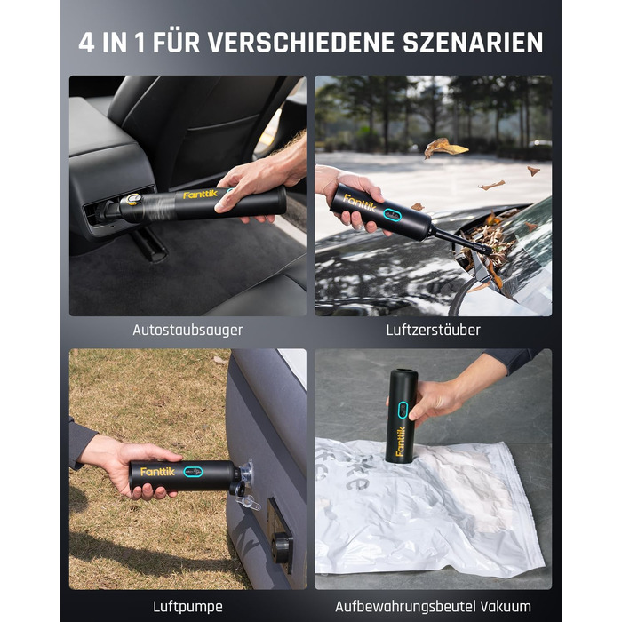 Потужний акумуляторний автопилосос Fanttik Slim V8 Apex 19000 Па, 4-в-1 ручний пилосос RobustClean, міні повітряний насос, портативний пилосос для авто, офісу, клавіатури, чорний