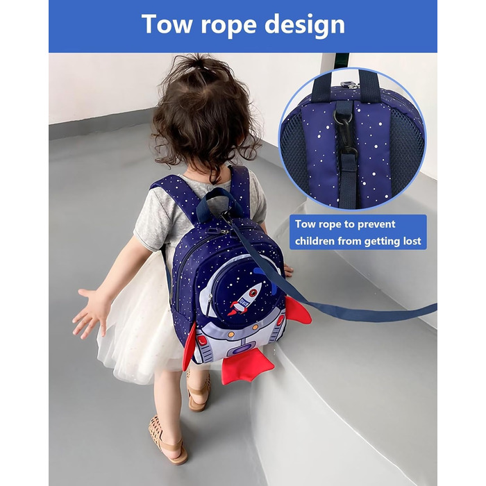 Дитячий рюкзак для садка та школи Kinderrucksack, темно-синій, з поворотком, для дітей 1-3 років, форма ракети