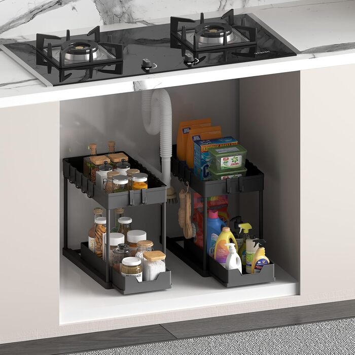 Dish Cabinet Organizer - 2 Pack Under Sink Shelf Organizer - Pull Out Storage Shelf Organizer with 16 Hooks, Black
