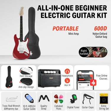 Електрогітара Donner 39 дюймів (праворука) з комплектом: підсилювач, чохол, каподастр, ремінь, струни, тюнер, кабель та медіатори (червоний) DST100-Rot