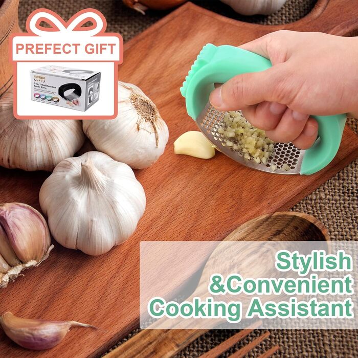 Пресувалка для часнику Bemodst з нержавіючої сталі 304, 2-в-1 (очищувач часнику), ергономічна, легка у використанні та чищенні
