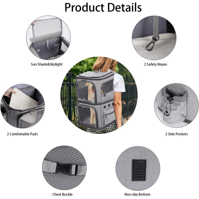 Рюкзак для котів та собак, 2-в-1, знімні відділи, до 12 кг, переноска, складаний, з вентиляцією, сірий L