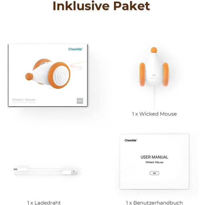 Cheerble Wicked Mouse – електрична іграшка для котів, USB-зарядка, LED-підсвітка, для активності та розвитку, колір абрикос