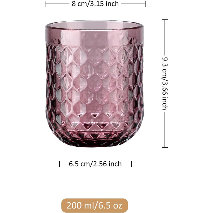 Joeyan 200ml Small Violet Drinking Glasses Set of 6, Colored Water Glasses Set with Diamond Embossed Design, Vintage Glasses Set for Home Restaurant Bar, Dishwasher Safe