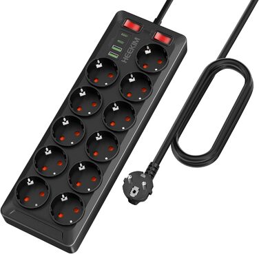 Многорозетка з USB, 11 розеток, з вимикачем, 2 USB-A та 2 USB-C порти, 4000W, 16A, 2M кабель, для дому, школи, офісу - Чорний