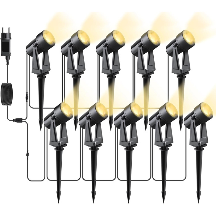 LED Garden Lighting Set with Power, 14M/4-Piece Spotlights Outdoor Warm White 3000K, Waterproof IP65 Garden Spotlights LED Outdoor, 27V 600lm Garden Lamps for Outdoors, Terrace, Driveway (10-in-1)
