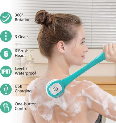 Electric Shower Brush, Body Brush Electric Back Scrubber with Long Handle, Back Brush Shower Massage Brush with 6 Cleaning Heads, Bath Brush for Spa Shower Peeling Massage Brush (Blue)