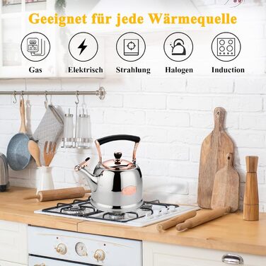 Нержавійна чавур для кемпінгу 3L з чайником, для плити та газової поверхні, зі свистком (Золотий)