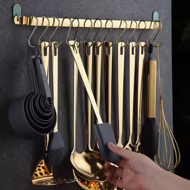 Набір кухонного приладдя Kyraton Gold 37 предметів з нержавіючої сталі з титановим покриттям, підставкою та ложками, можна мити в посудомийці