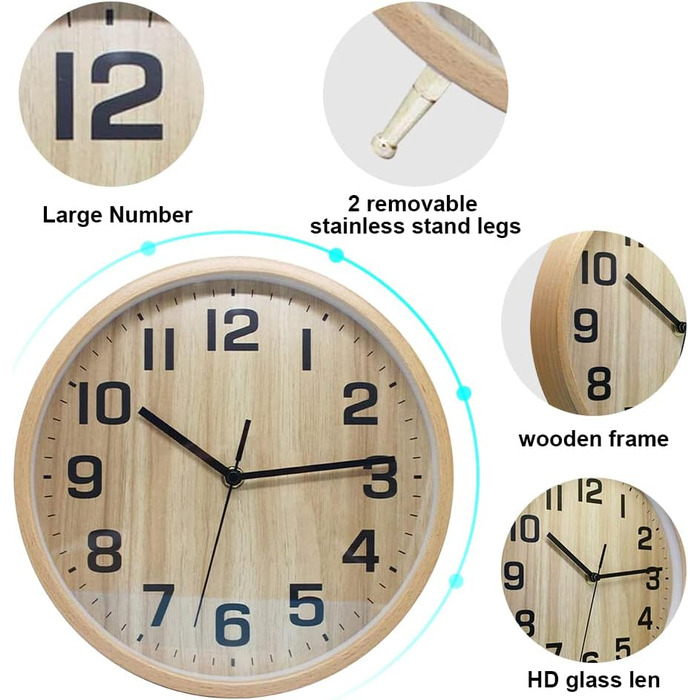ALEENFOON 10 Inch Wood Clock Modern Silent Wall Clock Table Clock for Living Room Kitchen No Ticking Sounds Interior Clock Non-Ticking Wall Clocks Hanging Clock (Wooden)