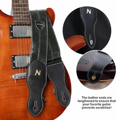 Гітарний ремінь Nefelibata з кишенею для медіатора, 2.3-дюймовий веганський шкіряний ремінь для гітари в стилі Porter, вінтажний стиль 30-х років, з медіаторами, кнопками та замками. Регульована довжина від 42 до 66 дюймів (зелений)