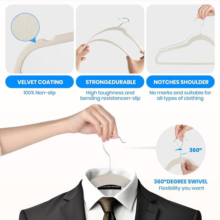 Клеiderbügel YSSOA: 50 шт. вешалок для одягу з антиковзаючою поверхнею, 360° обертання, білі, для шафи, економія місця