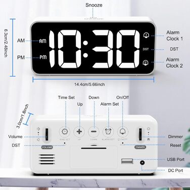 LED-годинник з будильником LATEC з двома тривогами, USB-зарядкою, регулюванням яскравості та гучності, 8 мелодій, 12/24 год, мережевий