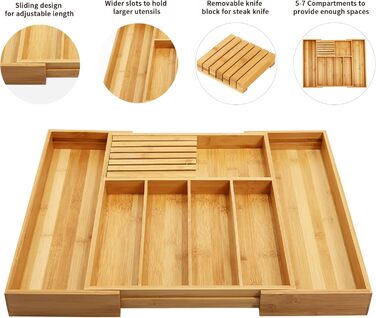 VaeFae Bamboo Cutlery Box for Drawers, Expandable Drawer Organizer Kitchen, Cutlery Insert for Drawers with Knife Block, Adjustable Wooden Cutlery Box