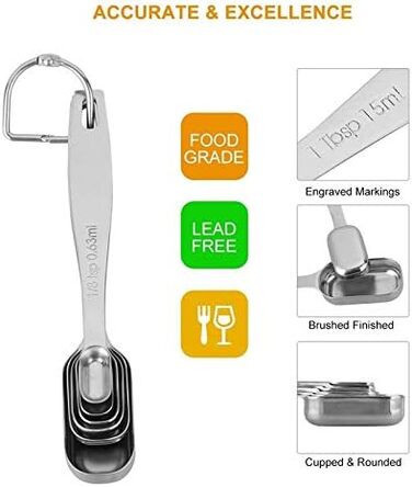 6-Piece Stainless Steel Measuring Spoon Set, Slim Measuring Teaspoon Set, Measuring Cups for Dry and Liquid Ingredients, Spices, Sugar, Coffee, Kitchen Scale
