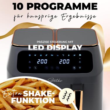 Аерофритюрниця Soretho Dual Zone 2800Вт, 2 камери, 9 л, 10 програм, Shake-функція, сенсорний дисплей, температура 80-200°C