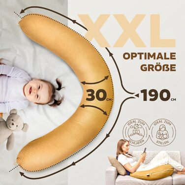 Подушка для годування sei Design XXL 190x30 з мусліновою наволочкою, ергономічна, для вагітних, для сну на боці, комфортна подушка для дорослих, наволочка з 100% бавовни [органічна бавовна] (Муслін Бернштайн, подушка для годування 190x30)