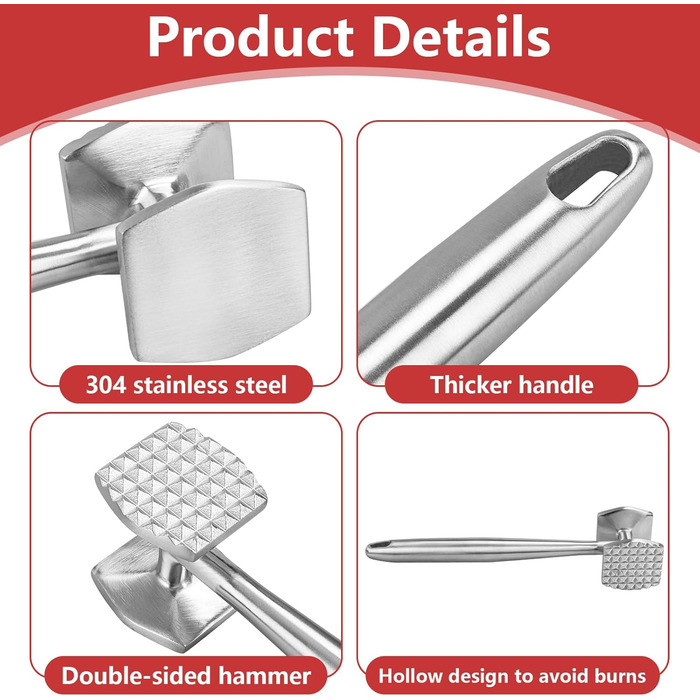 АКОЛАФЕ Fleischklopfer: М'ясорубка для відбивання м'яса з нержавіючої сталі, 26 см, подвійна сторона, для стейків, курки, свинини, реберець, антипригарне покриття, з отвором для підвішування, придатна для миття в посудомийній машині