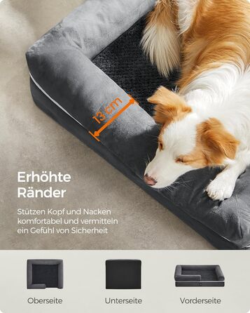 Feandrea Orthopedic Dog Bed, Dog Cushion, Dog Basket, Soft Padding, Dog Sofa, Raised Edges, Removable and Washable Cover, 91 x 71 x 20 cm, Non-Slip Bottom, Dark Grey PGW076G01
